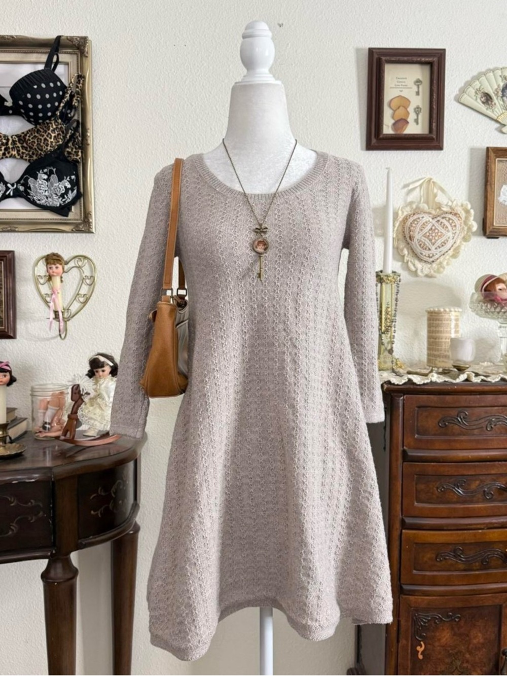dainty girly grunge preppy cozy coquette beige knit babydoll dress | size S